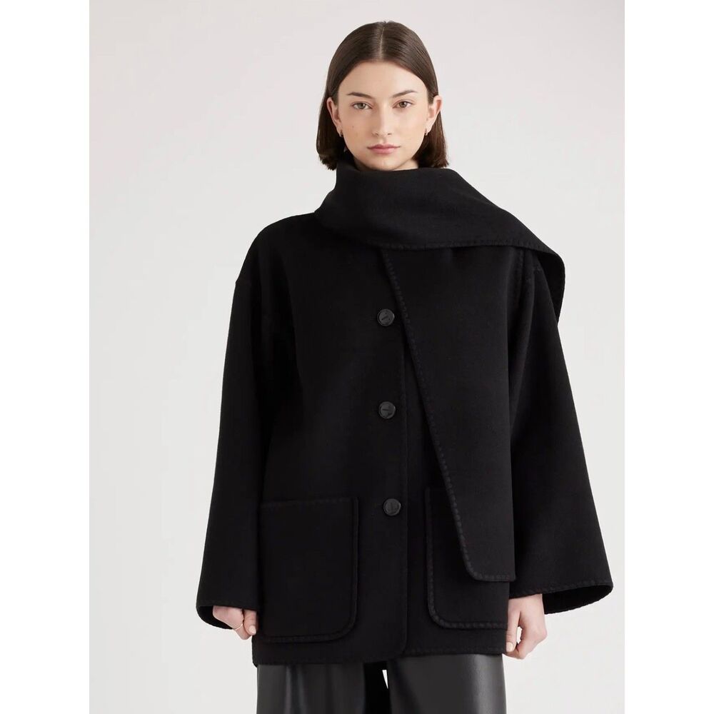 QUINCE Double-Faced Merino Wool Scarf Coat BLACK NWT